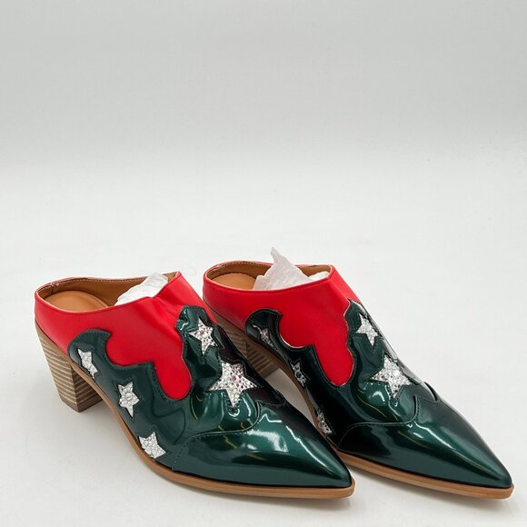 YDN Women Pointed Toe Contrast Stitching Mules Slip on Chunky Mid Heels Casual - Picture 1 of 7